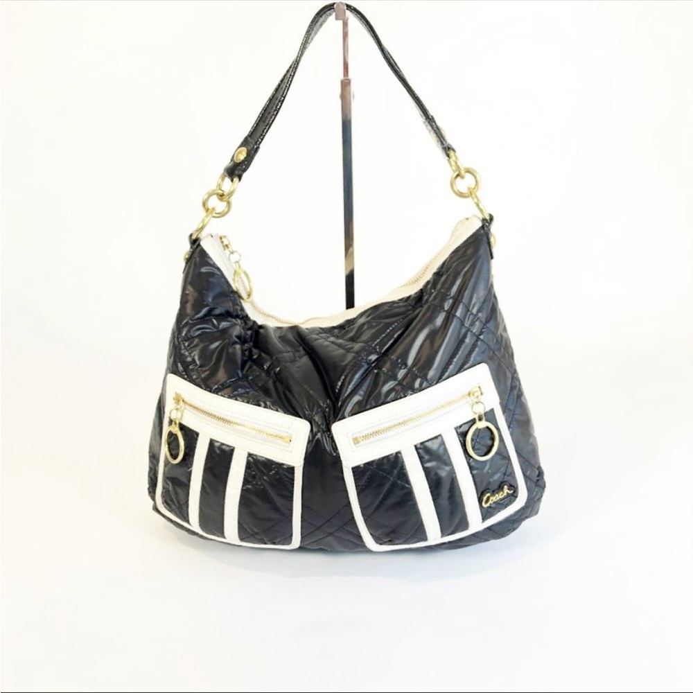 Coach Poppy Ski Bunny Black/White Quilted Nylon Hobo Bag